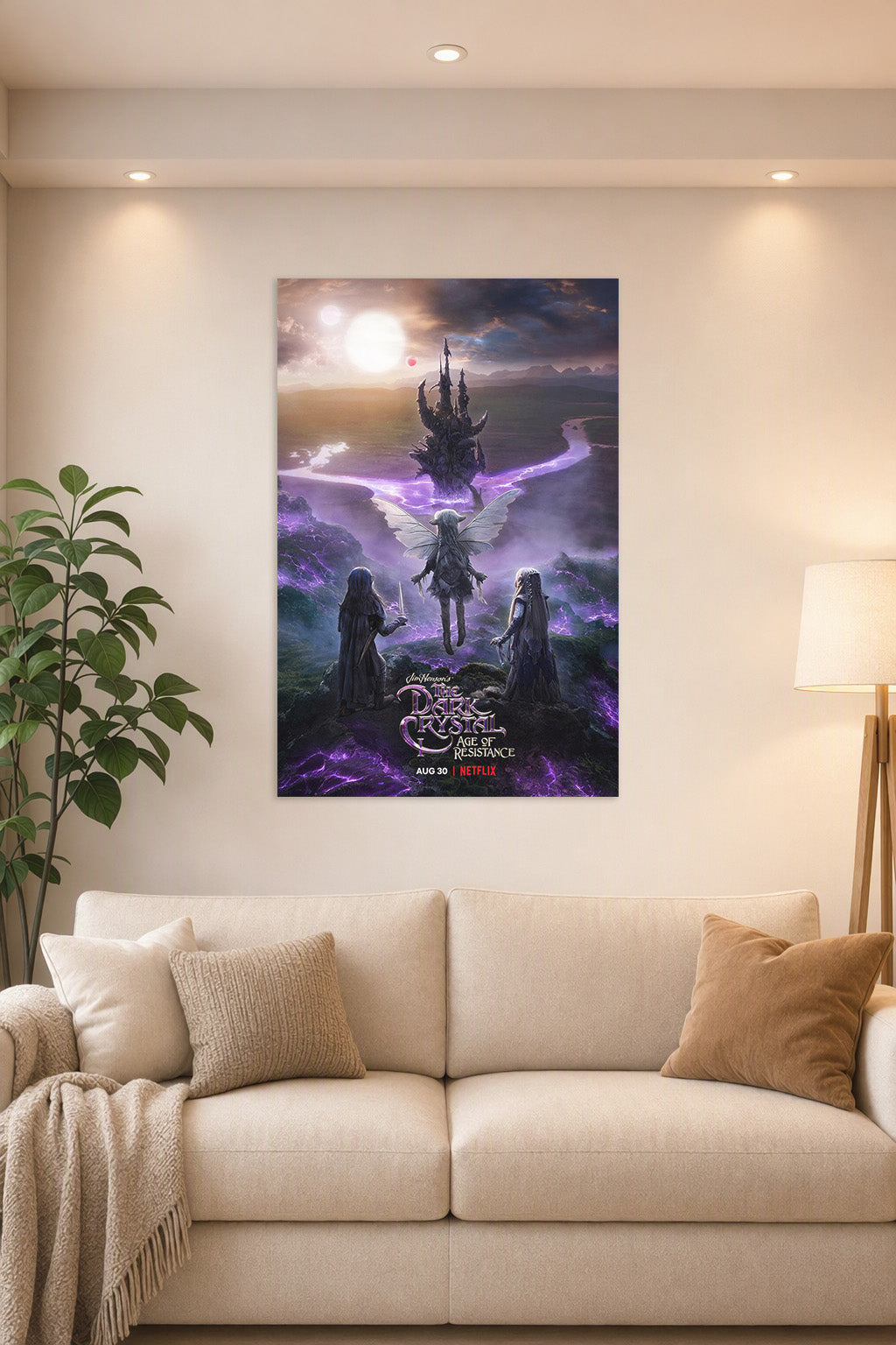 The Dark Crystal Age of Resistance Gelfling Heroes in a bright living room above a beige sofa.