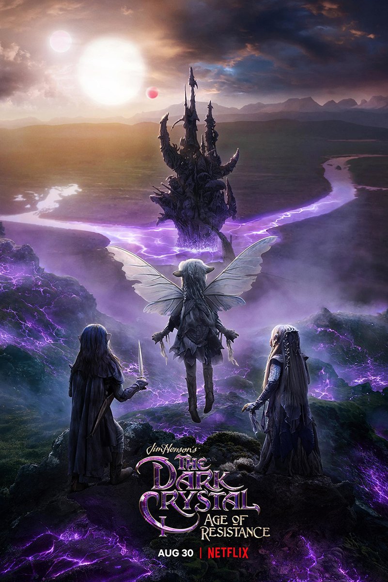 The Dark Crystal Age of Resistance poster features three Gelflings facing a spired castle above a glowing purple river.