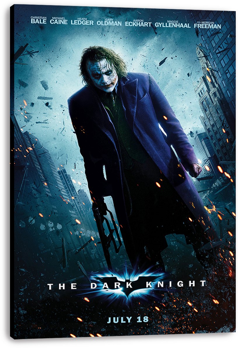 The Dark Knight canvas wall art print displays the Joker in a purple coat against a damaged blue cityscape with flying sparks.