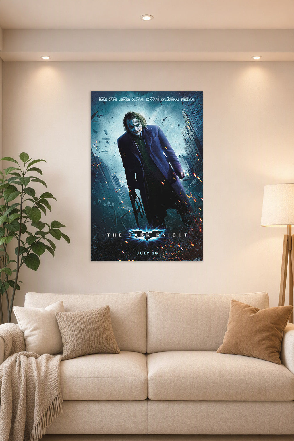The Dark Knight Joker in a bright living room above a beige sofa.