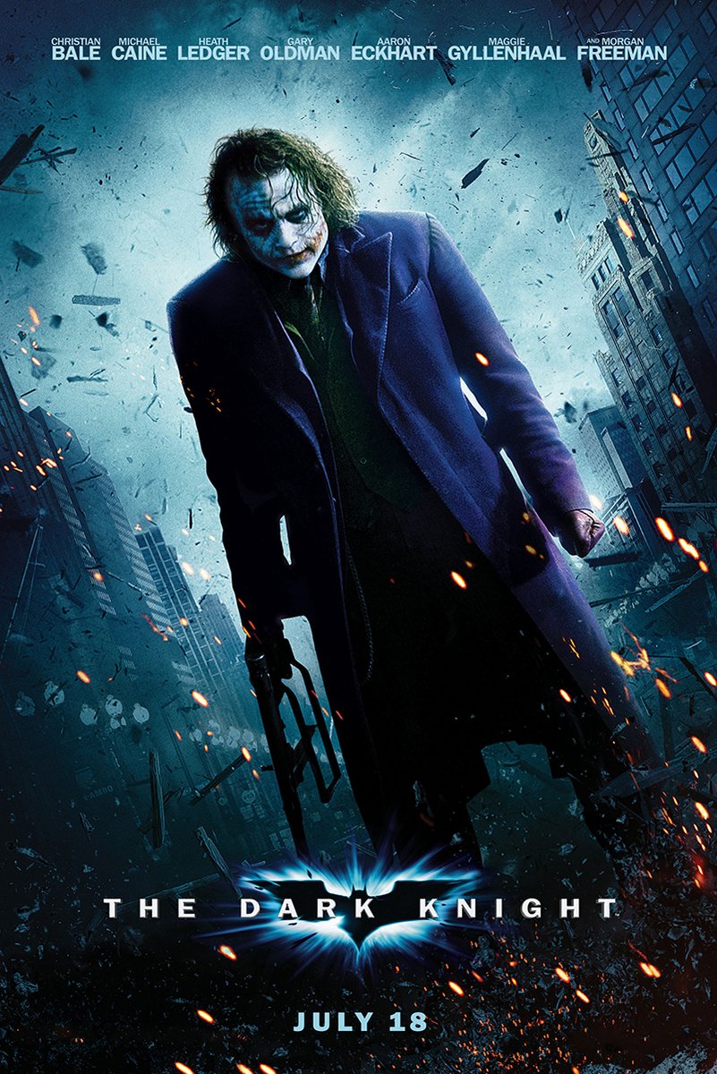 The Dark Knight poster features the Joker in a purple coat holding a weapon amid blue city ruins, sparks, and debris.