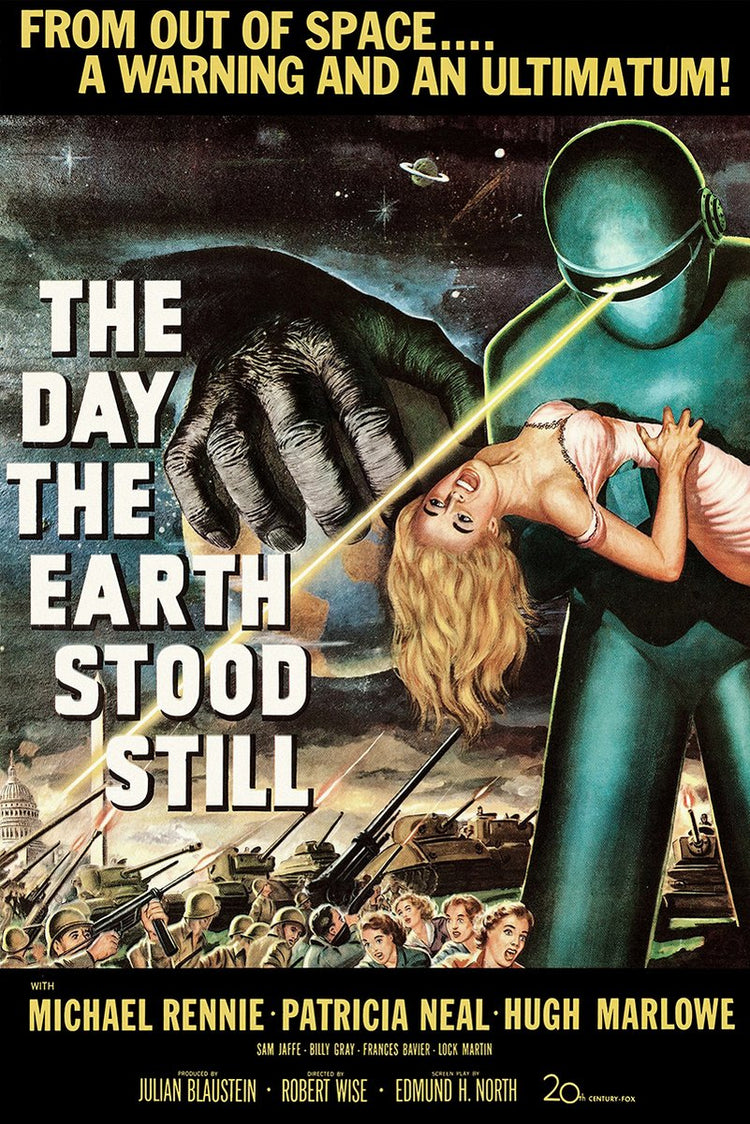 The Day the Earth Stood Still poster with a towering green robot, laser beam, frightened woman, soldiers, and tanks.