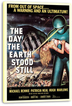 The Day the Earth Stood Still canvas wall art print displays a blue robot holding a woman above armed soldiers and tanks.