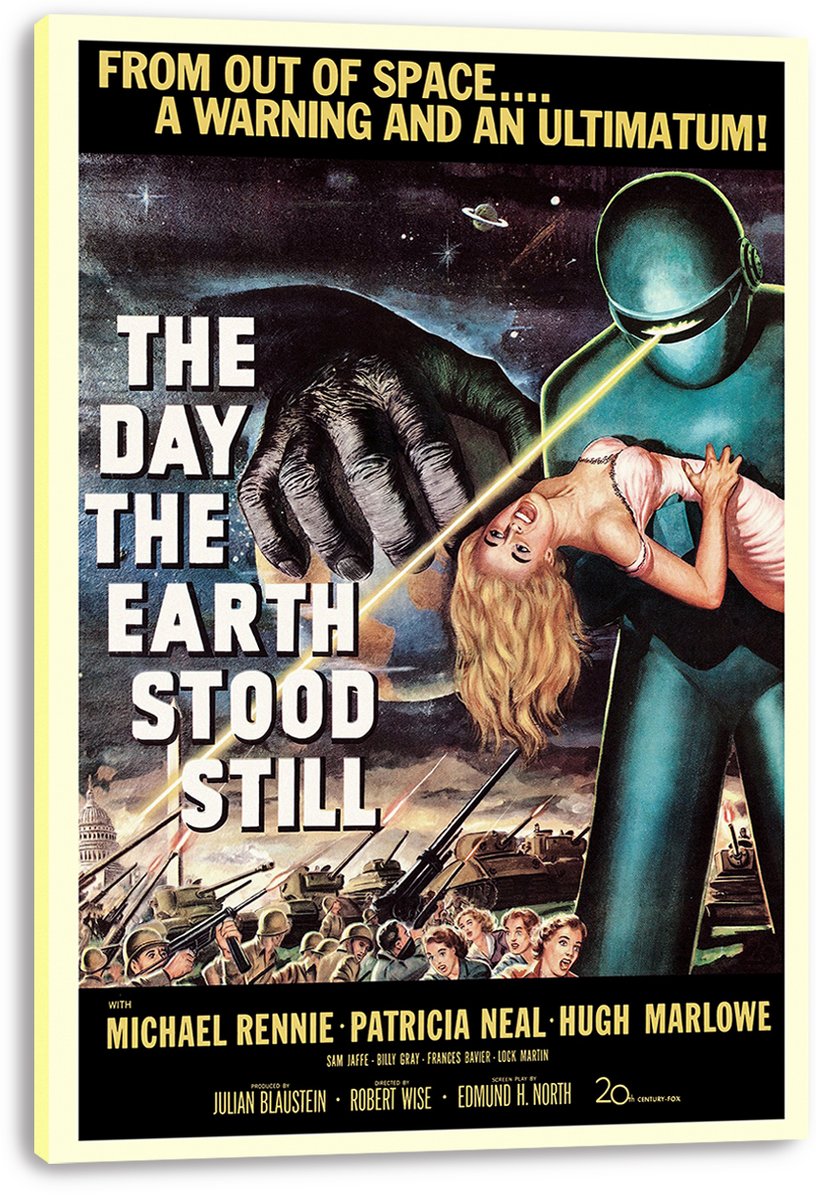 The Day the Earth Stood Still canvas wall art print displays a blue robot holding a woman above armed soldiers and tanks.
