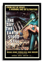 The Day the Earth Stood Still framed wall art print depicts a giant blue robot, a distressed woman, tanks, soldiers, and a starry sky.