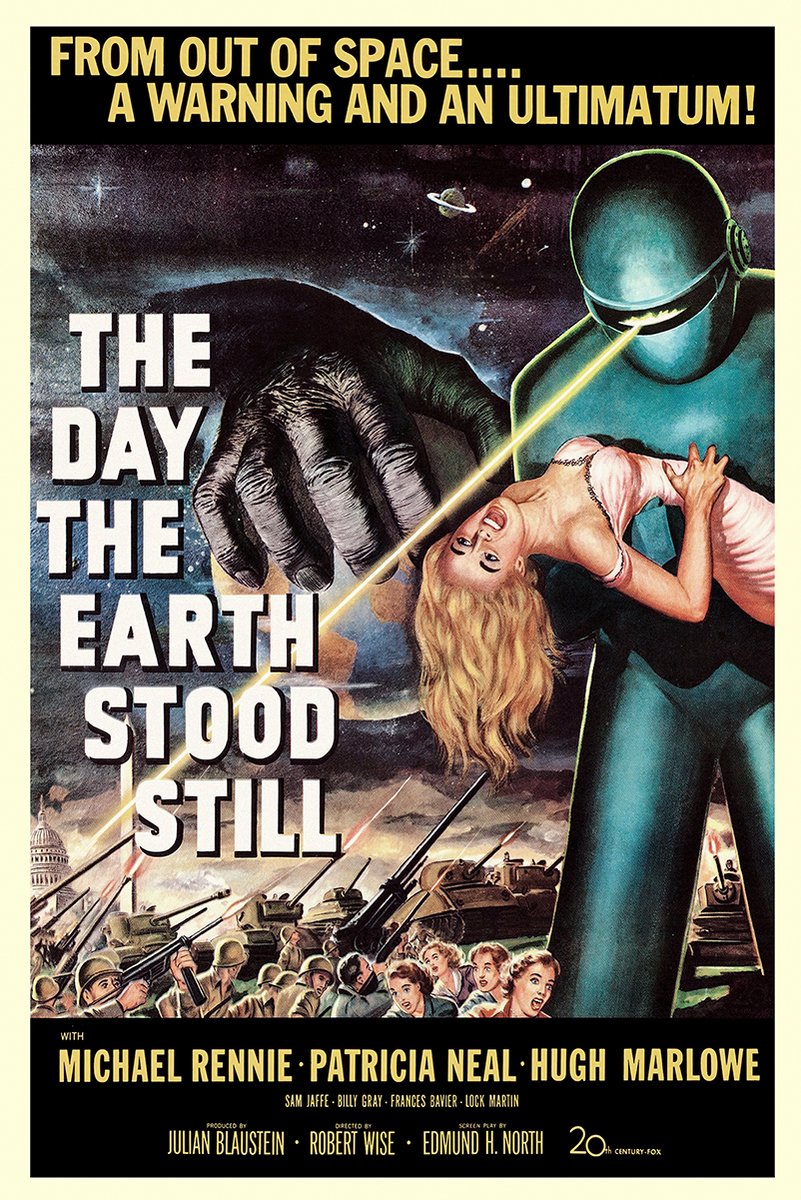 The Day the Earth Stood Still poster features a towering blue robot, a woman in pink, tanks, soldiers, and a yellow beam.