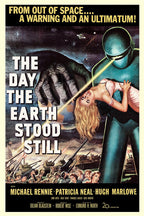The Day the Earth Stood Still poster features a towering blue robot, a woman in pink, tanks, soldiers, and a yellow beam.