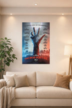 The Dead Don't Die Movie Poster in a bright living room above a beige sofa.