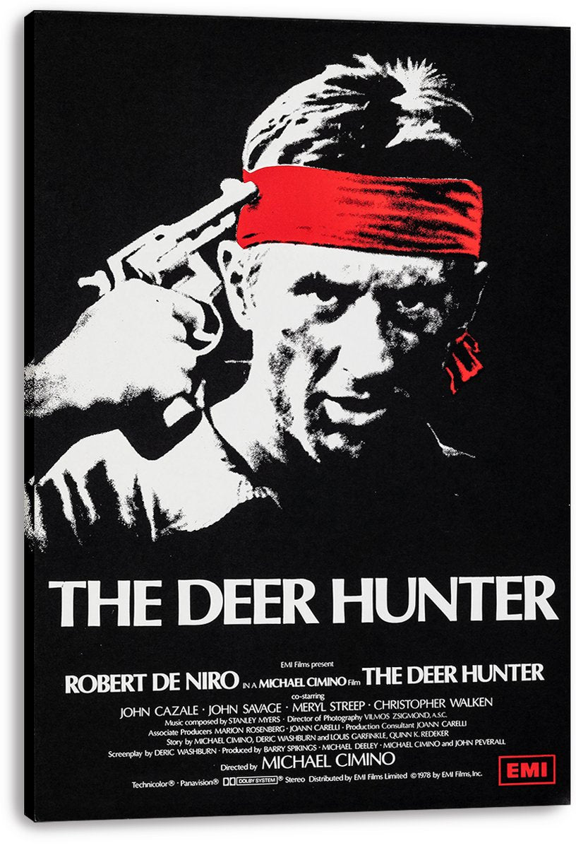 The Deer Hunter wall art print on wrapped canvas presents Robert De Niro holding a revolver beside his head in black, white, and red.