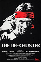 The Deer Hunter poster features a stark white portrait of Robert De Niro with a revolver at his temple and red headband.