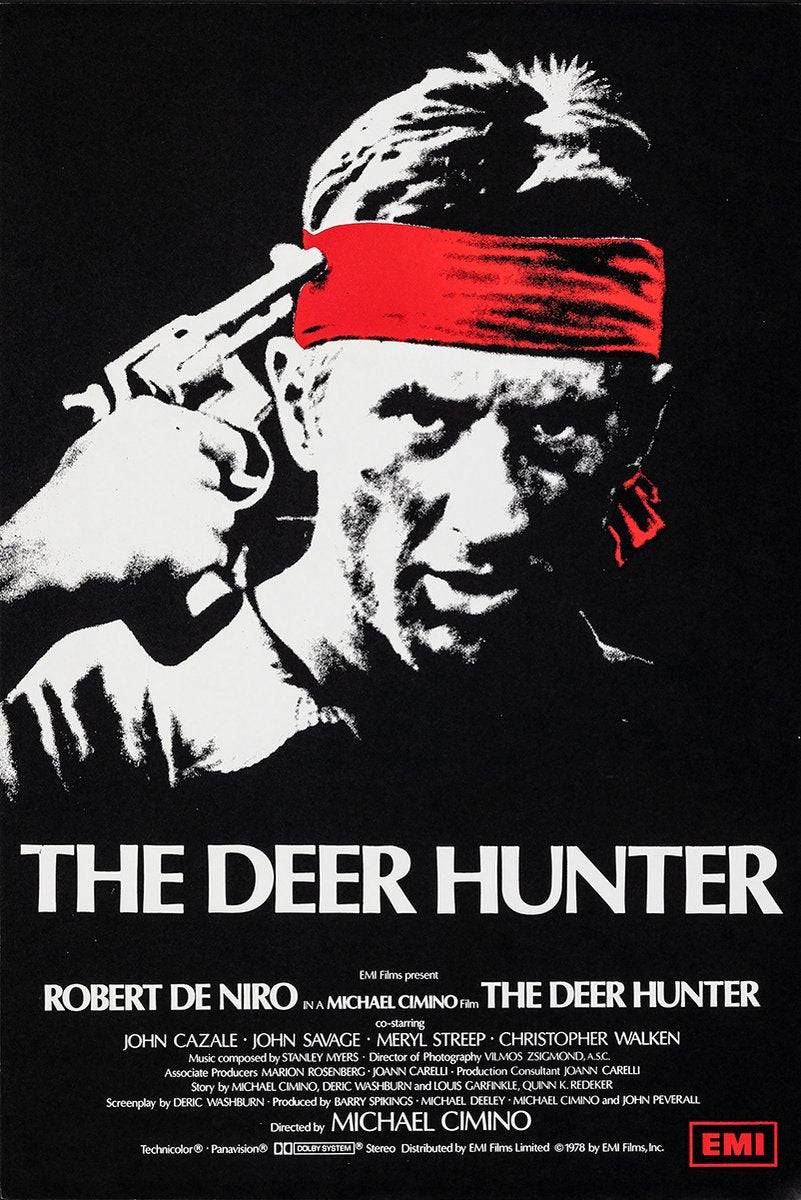 The Deer Hunter poster features a stark white portrait of Robert De Niro with a revolver at his temple and red headband.