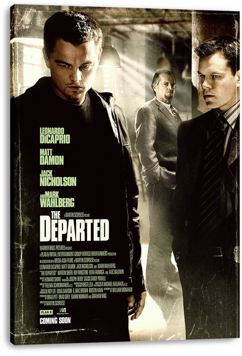 The Departed canvas wall art print featuring three tense male portraits, green cast lettering, and a weathered sepia crime-drama design.