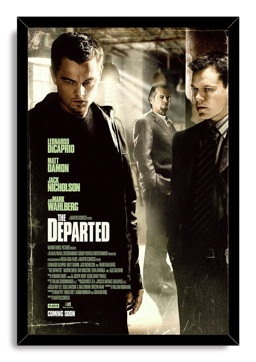 The Departed framed wall art print with a black frame, three serious men, aged sepia texture, and prominent white film title.