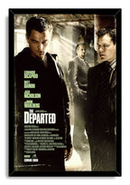 The Departed framed wall art print with a black frame, three serious men, aged sepia texture, and prominent white film title.