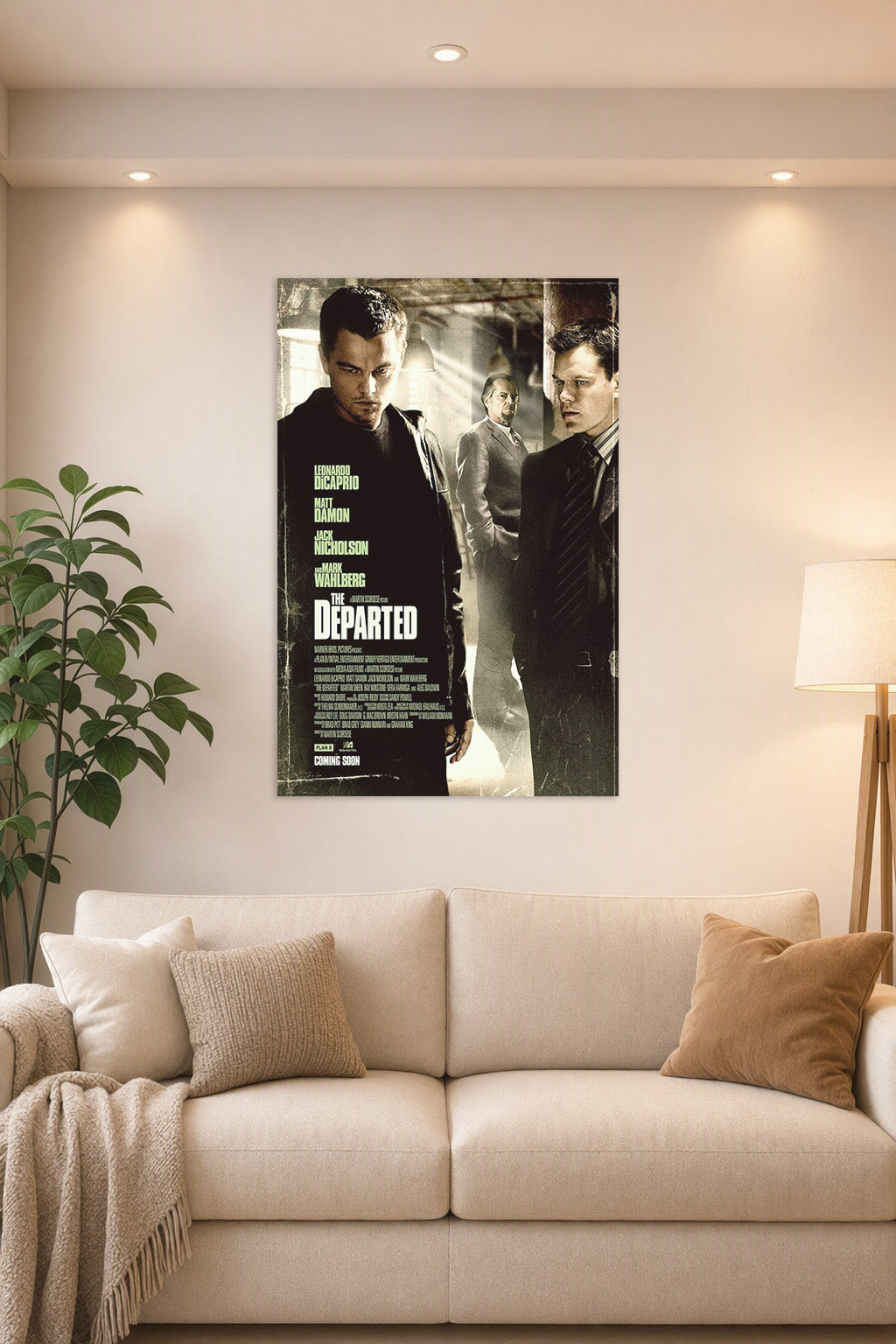 The Departed Movie Poster in a bright living room above a beige sofa.
