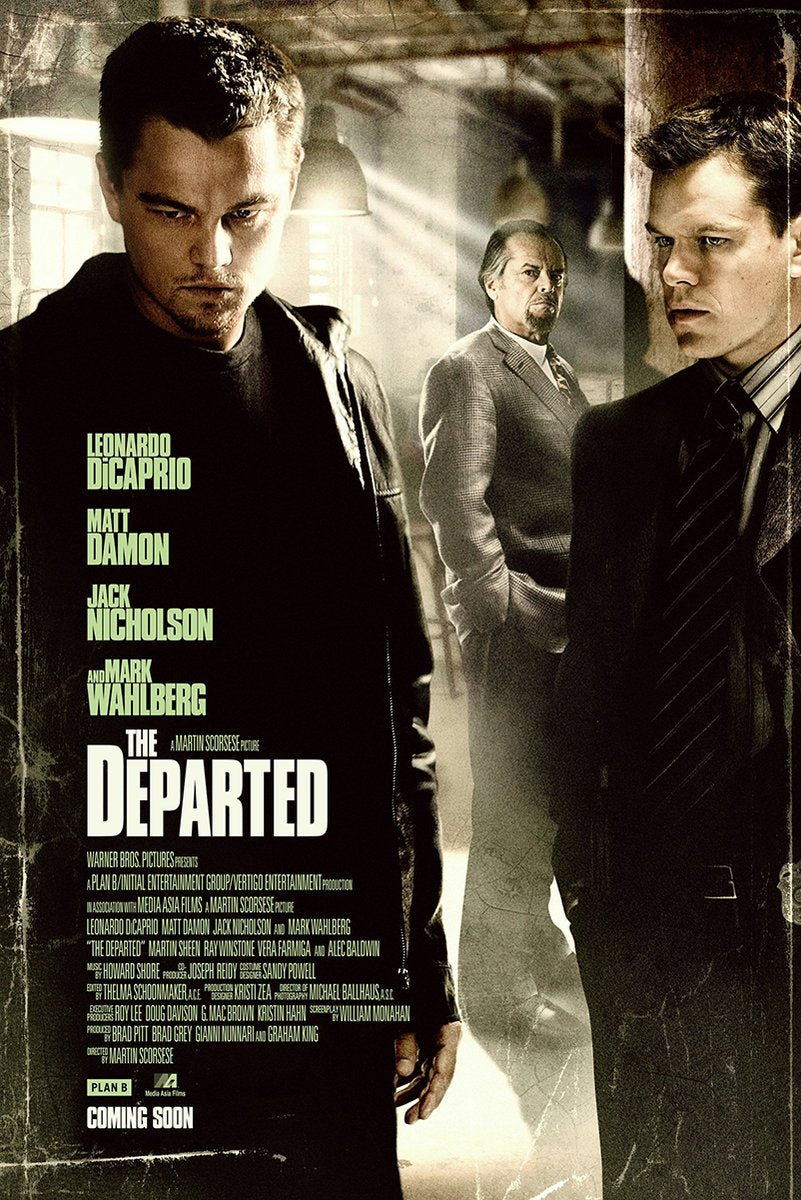 The Departed movie poster wall art with three stern men in a shadowy interior, distressed sepia tones, and bold white title text.