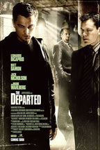 The Departed movie poster wall art with three stern men in a shadowy interior, distressed sepia tones, and bold white title text.