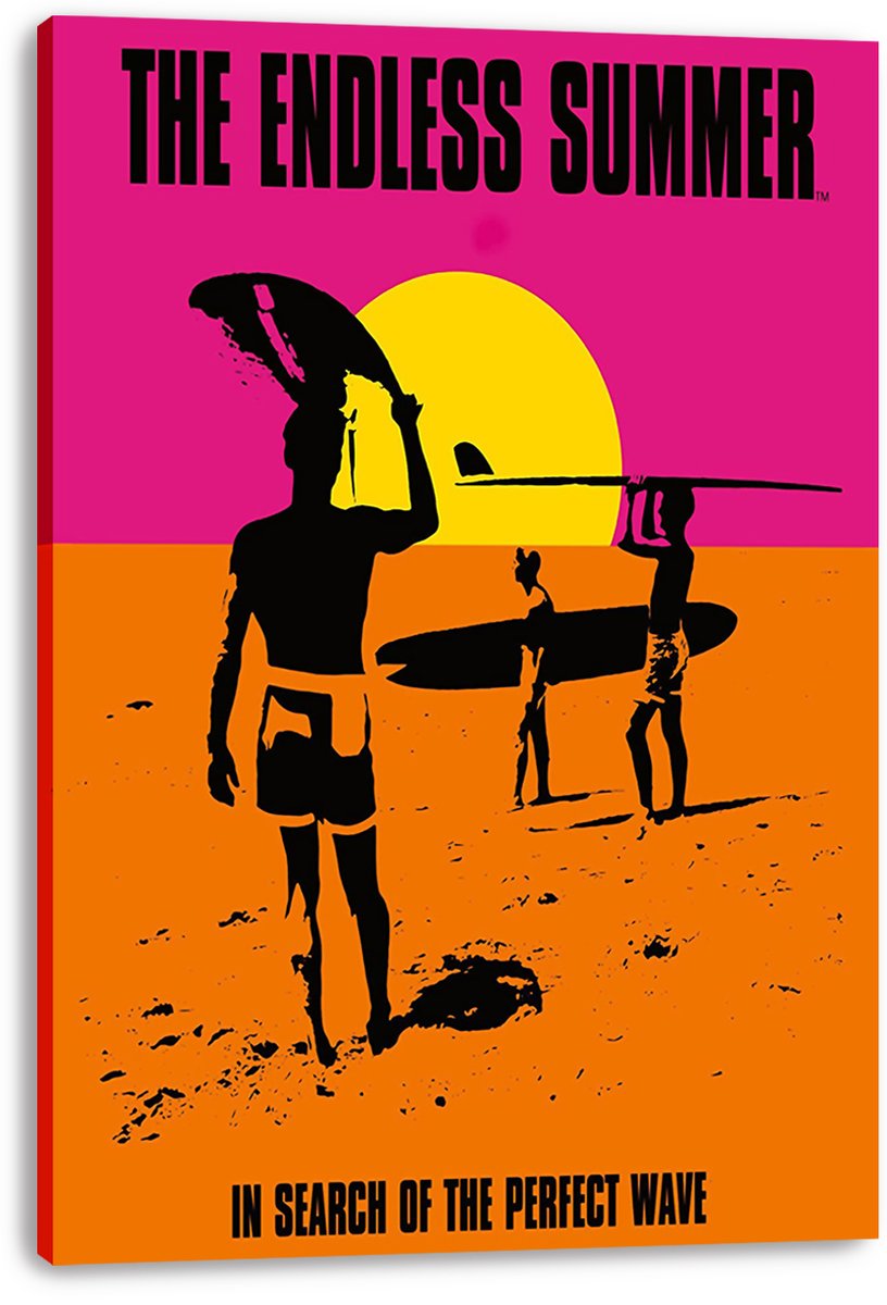 The Endless Summer canvas wall art print displays surfers with longboards on an orange beach against a pink sky and yellow sun.