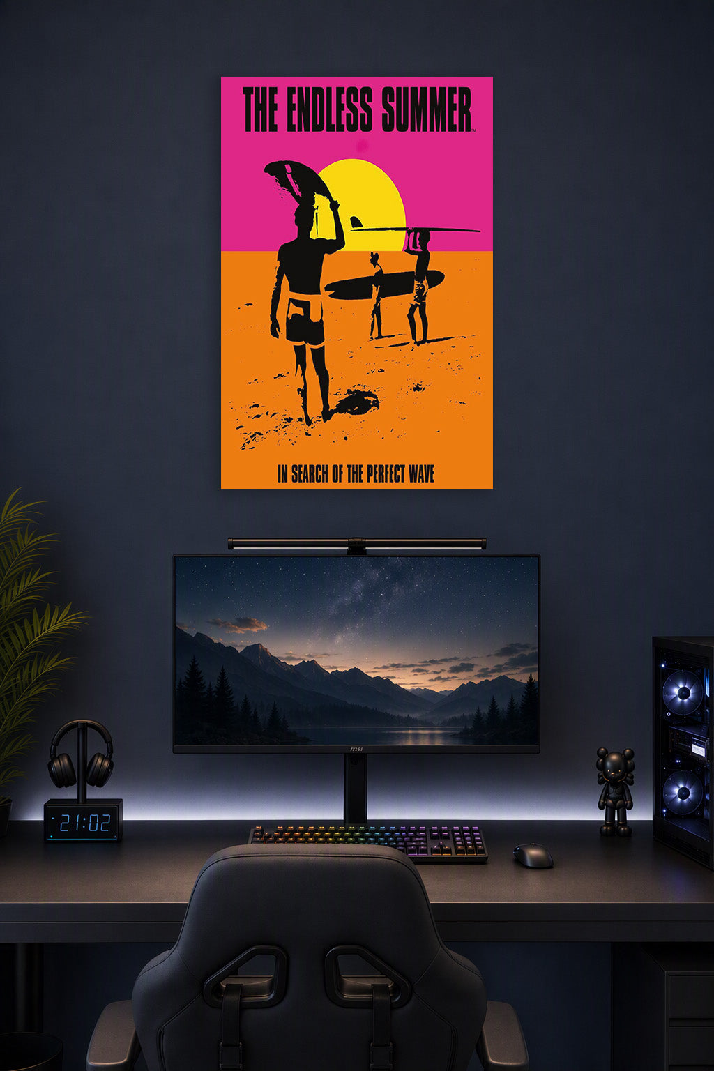 The Endless Summer Movie in a gaming desk setup above a monitor.
