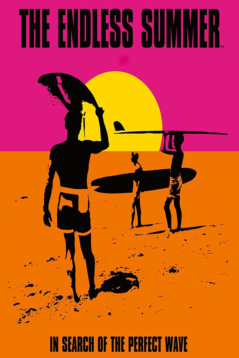 The Endless Summer poster features black surfer silhouettes carrying boards across an orange beach beneath a yellow sun.