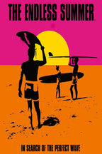 The Endless Summer poster features black surfer silhouettes carrying boards across an orange beach beneath a yellow sun.