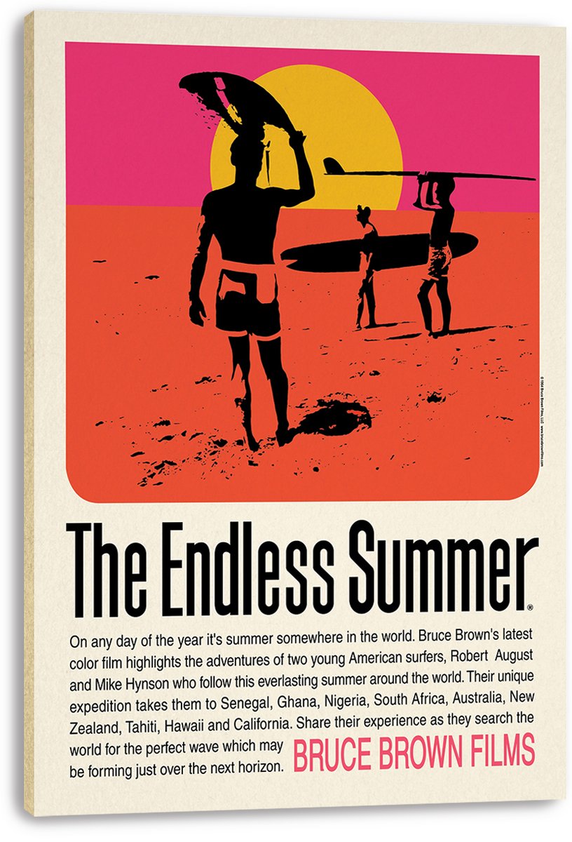The Endless Summer canvas wall art print presents silhouetted surfers with longboards on an orange beach under a yellow sun.