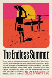 The Endless Summer poster features black surfer silhouettes carrying boards across an orange beach beneath a yellow sun and pink sky.