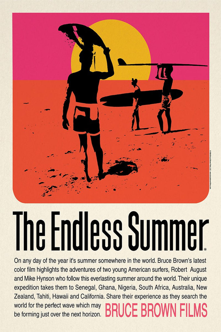The Endless Summer poster features black surfer silhouettes carrying boards across an orange beach beneath a yellow sun and pink sky.