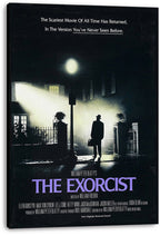 The Exorcist canvas wall art print presents a silhouetted man, glowing streetlamp, foggy house, and purple title lettering.