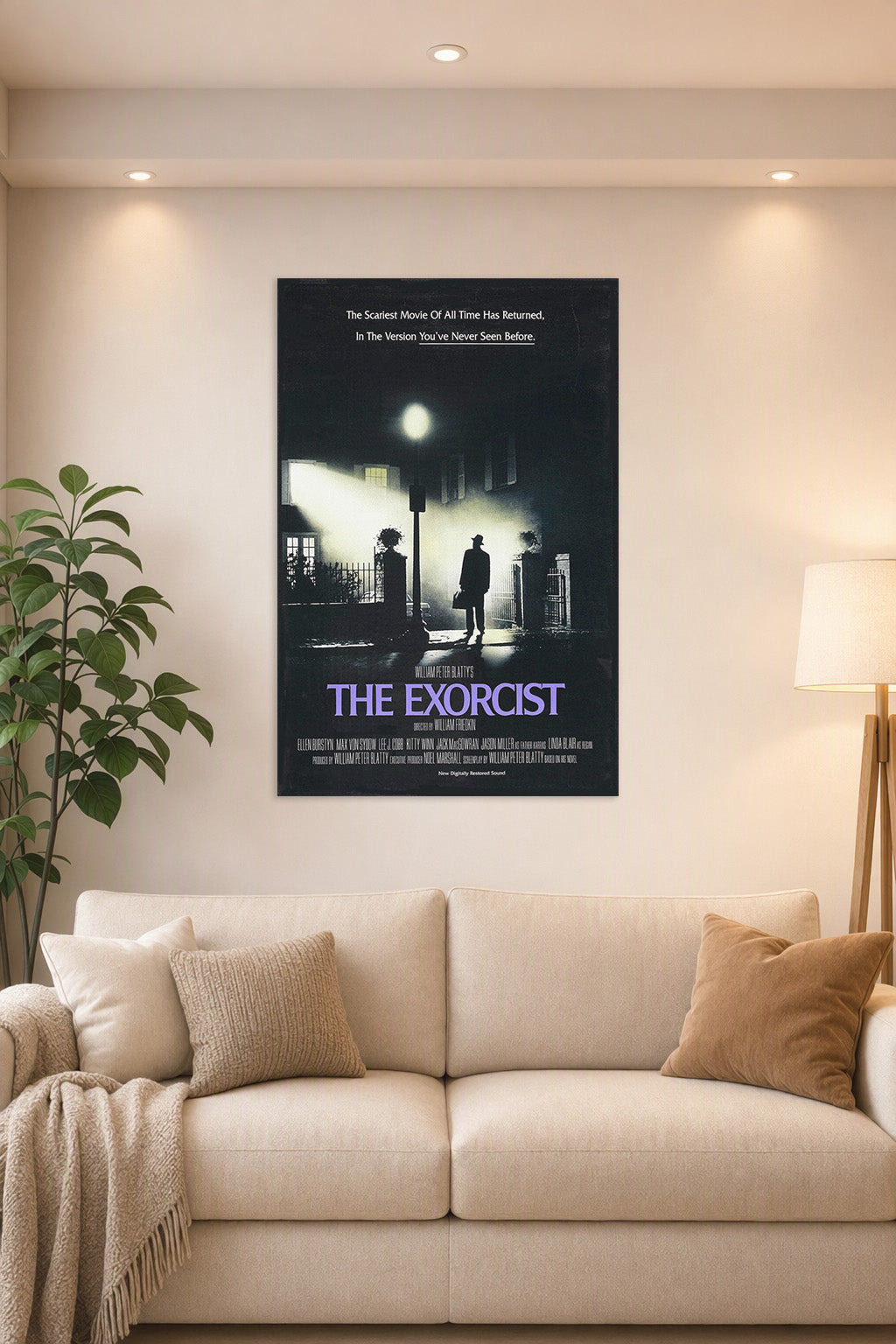 The Exorcist in a bright living room above a beige sofa.