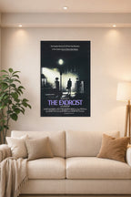 The Exorcist in a bright living room above a beige sofa.