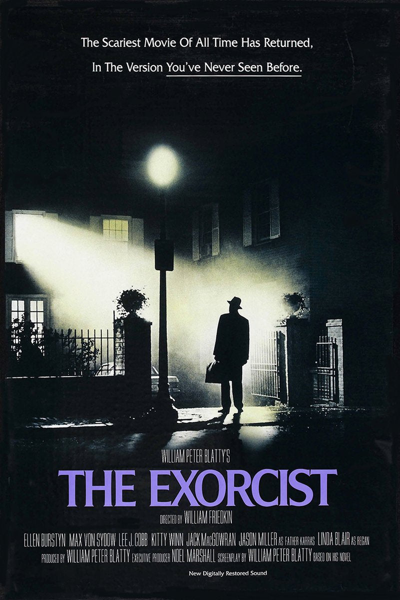 The Exorcist poster features a hat-wearing man with a case standing beneath a streetlamp outside a misty house.