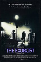 The Exorcist poster features a hat-wearing man with a case standing beneath a streetlamp outside a misty house.