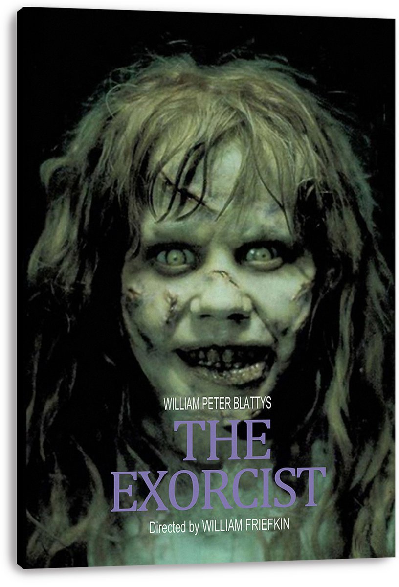 The Exorcist canvas wall art print displays possessed Regan MacNeil's scarred green face beneath purple film title lettering.