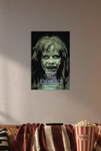 The Exorcist Movie Poster - Regan MacNeil in a cozy movie room above a brown sofa with popcorn.