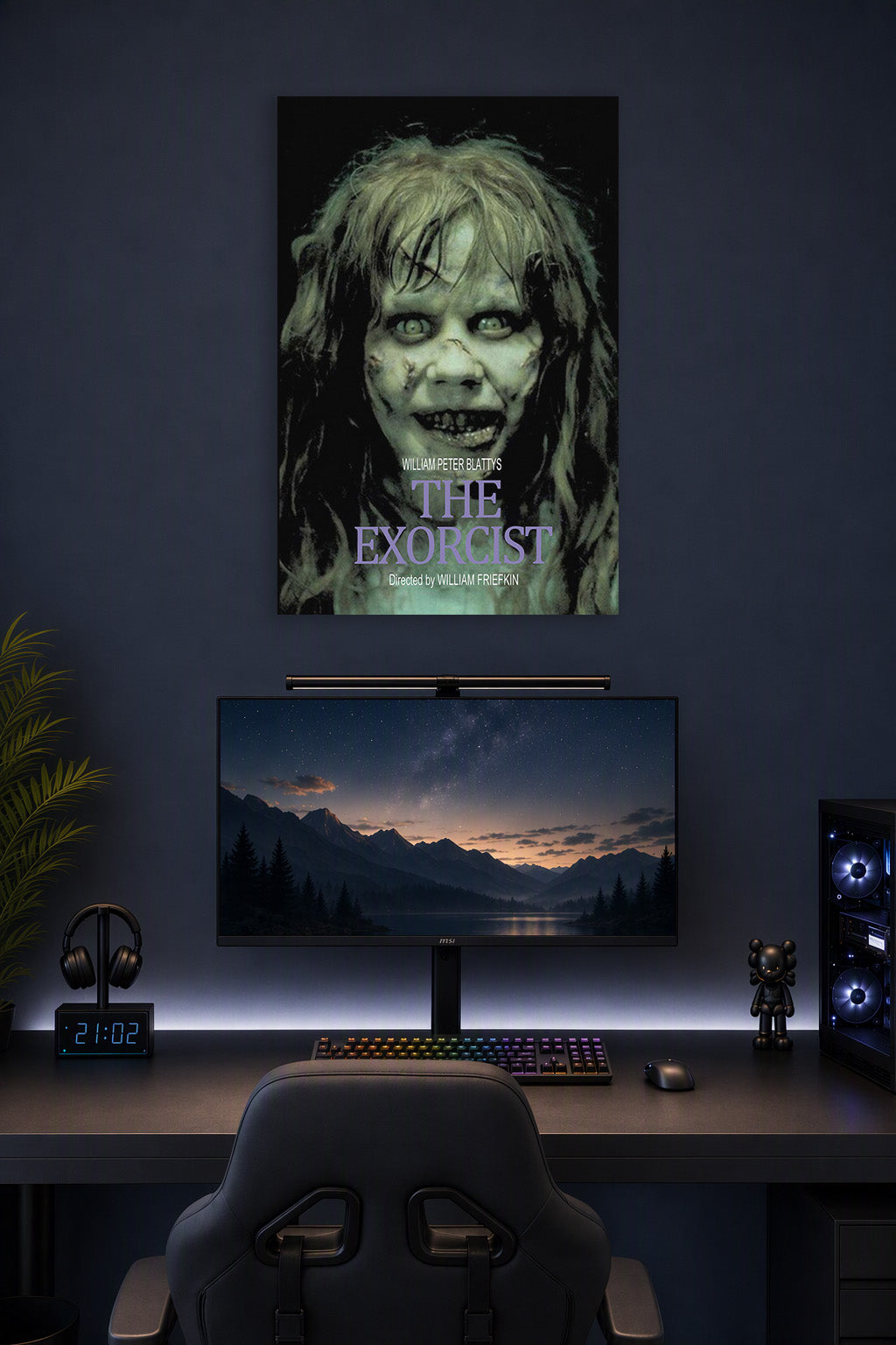 The Exorcist Movie Poster - Regan MacNeil in a gaming desk setup above a monitor.