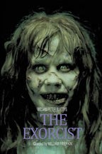 The Exorcist poster features a close-up of possessed Regan MacNeil with pale green skin, tangled hair, and purple title text.