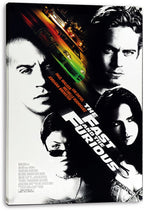 The Fast and the Furious canvas wall art print displays four black-and-white cast portraits, a green car, and diagonal title lettering.
