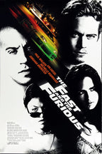 The Fast and the Furious poster features four monochrome cast portraits and a green sports car racing through orange city lights.