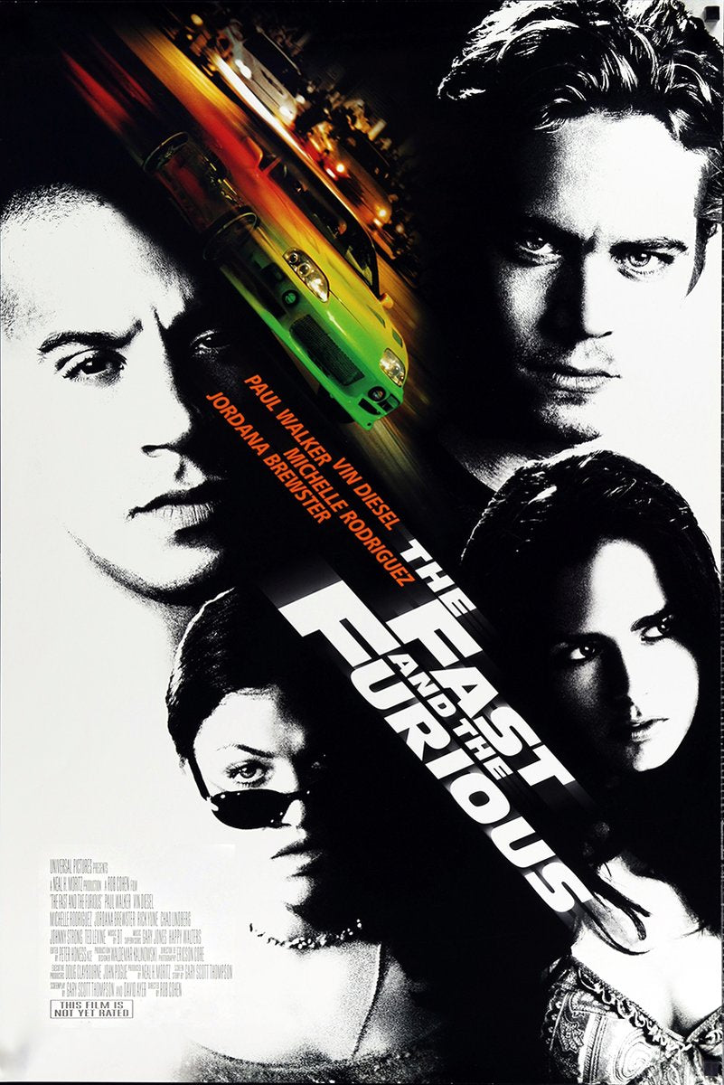 The Fast and the Furious poster features four monochrome cast portraits and a green sports car racing through orange city lights.