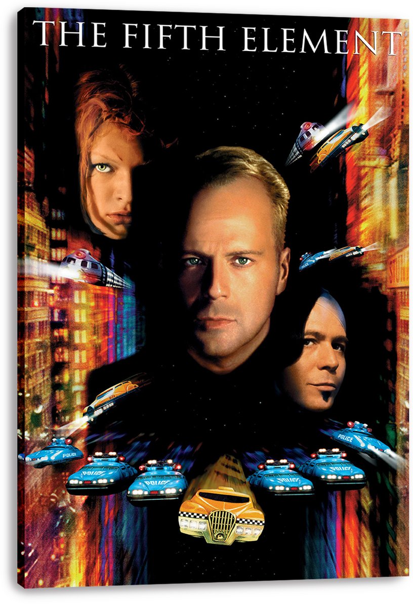The Fifth Element canvas wall art print displays character faces, flying vehicles, blue police cars, and a yellow taxi.