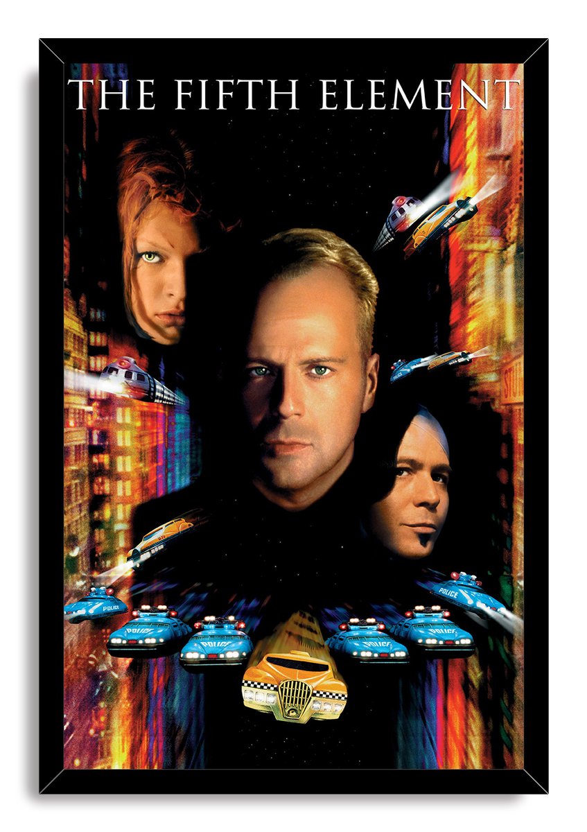The Fifth Element framed wall art print features three faces, futuristic city lights, a yellow taxi, and blue police cars.