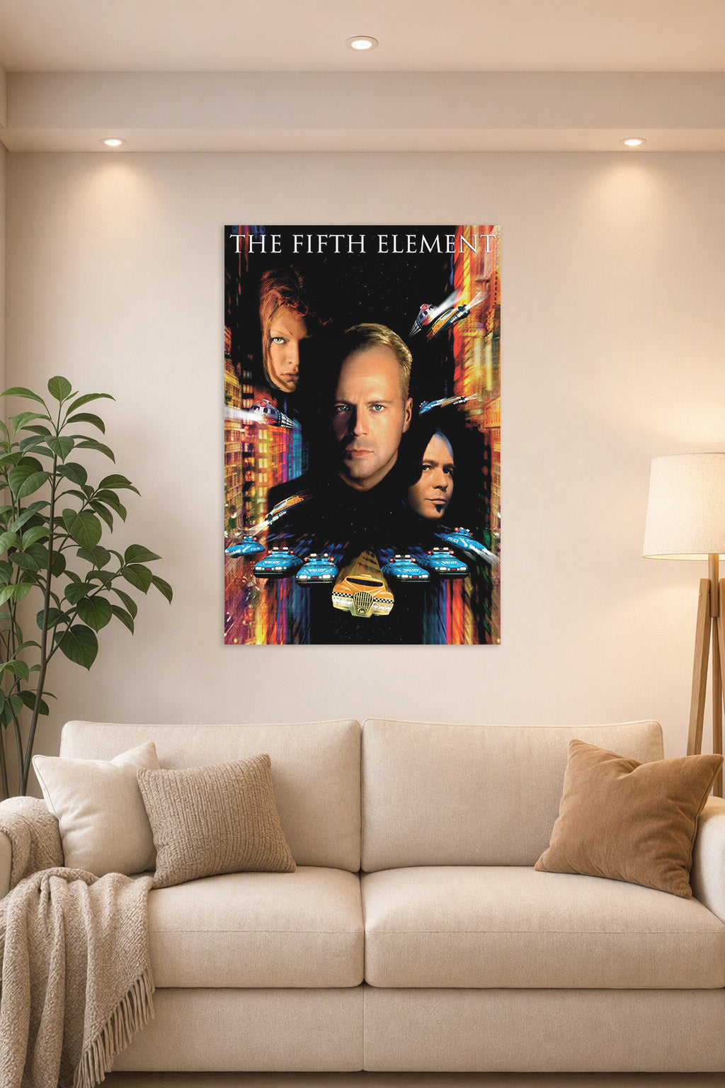 The Fifth Element Movie in a bright living room above a beige sofa.