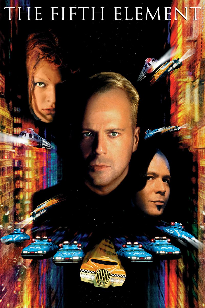 The Fifth Element poster features three character portraits above a yellow taxi and blue police vehicles in a neon city.