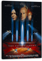 The Fifth Element canvas wall art print displays three faces above blue light beams, flying spacecraft, and a glowing red planet.