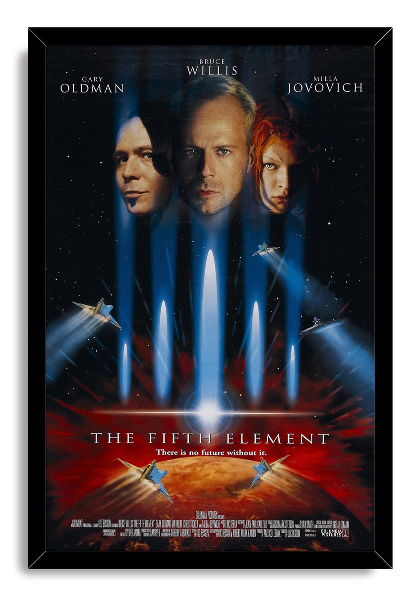 The Fifth Element framed wall art print presents character portraits, spaceships, blue vertical beams, and a fiery planet in space.