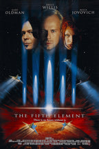 The Fifth Element poster features three character portraits, blue energy beams, spacecraft, stars, and a red planet.