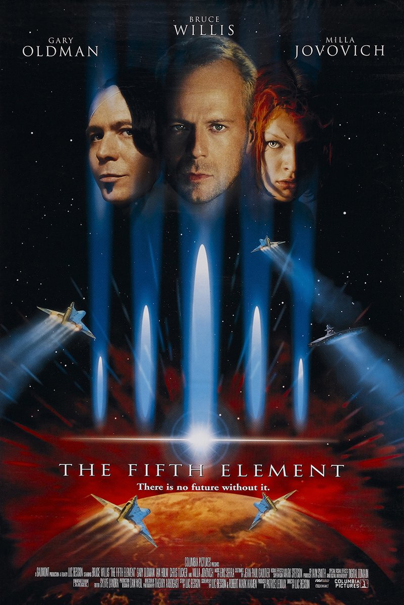 The Fifth Element poster features three character portraits, blue energy beams, spacecraft, stars, and a red planet.