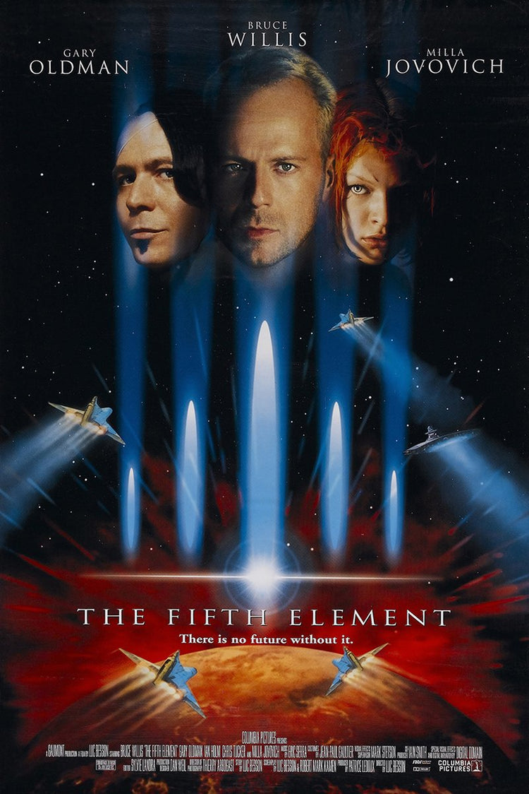 The Fifth Element poster features three character portraits, blue energy beams, spacecraft, stars, and a red planet.