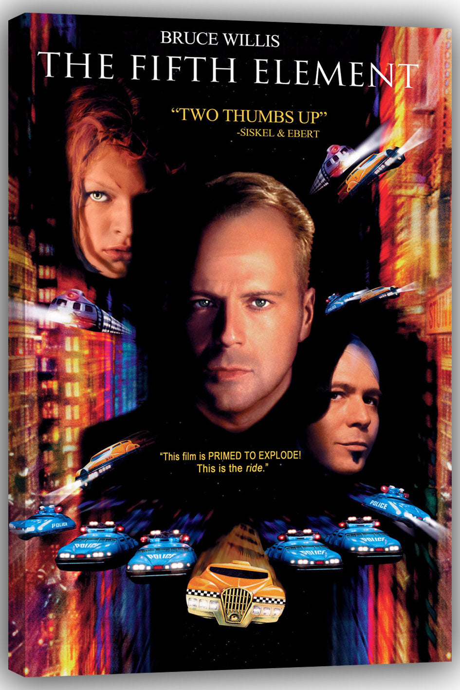 The Fifth Element canvas wall art print featuring character portraits, soaring vehicles, police cruisers, and a yellow taxi.